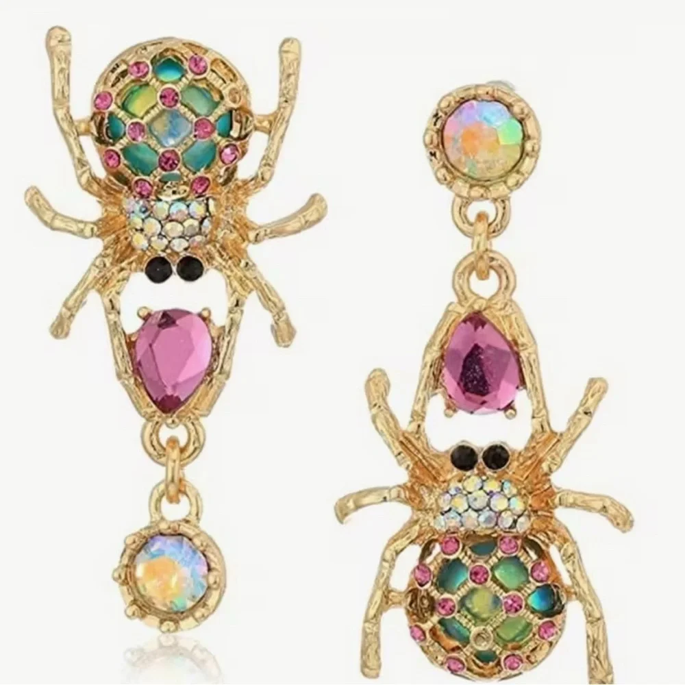 Gold and Pink Spider Earrings - Picture 2 of 3